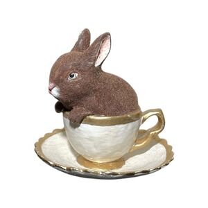 Bethany Lowe Bunny in Tea Cup Easter Flocked Paper Mache Style Paper Pulp 4.5"H